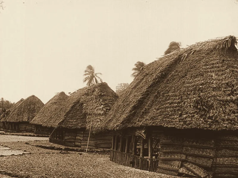 A village in the Manuʻa Islands, about 1890–1910. Public domain.