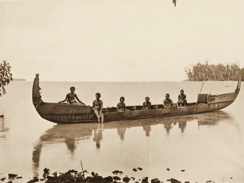A canoe at Marau Sound, Solomon Islands, published 1908. Public domain.