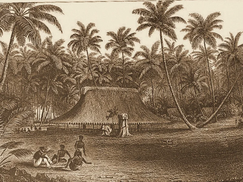 A thatched house in a coconut grove at Fakaofo, Tokelau; engraving published 1890. Public domain.